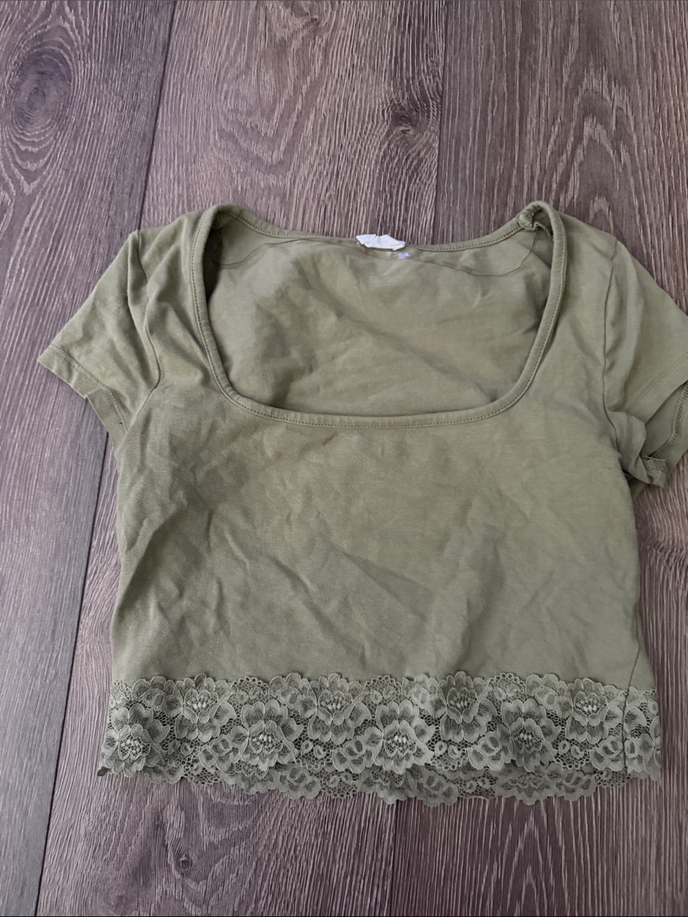 Cotton On Olive Lace-Hem Scoop Neck Crop Top